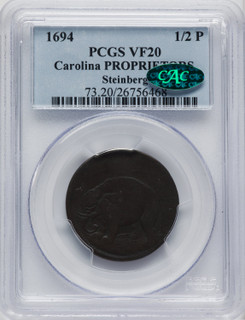 1694 Carolina Elephant Token PROPRIETORS BN CAC Colonials PCGS VF20