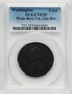 1792 Washington Born Virginia Cent Inscribed Reverse BN Colonials PCGS VF35