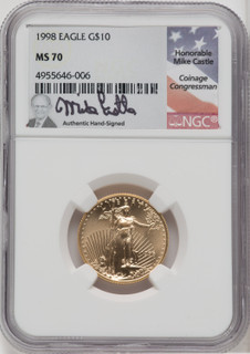 1998 $10 Quarter-Ounce Gold Eagle NGC MS70 Mike Castle Signed