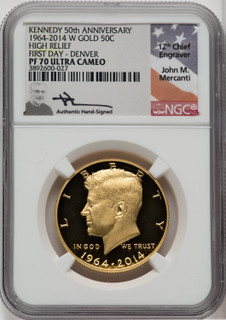 2014-W 50C Kennedy Gold 50th Anniversary First Day of Issue - Denver Proof Kennedy Half Dollar NGC PR70