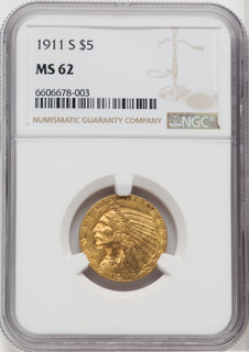 1911-S $5 Indian Half Eagle NGC MS62