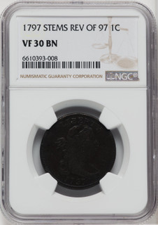 1797 1C Rev of 1797 Stems BN Large Cent NGC VF30