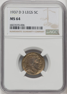 1937-D 5C Three-Legged FS-901 Buffalo Nickel NGC MS64