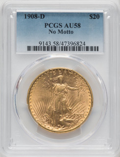 1908-D $20 NO MOTTO Saint-Gaudens Double Eagle PCGS AU58