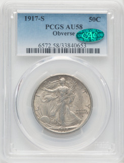 1917-S 50C OBVERSE CAC Walking Liberty Half Dollar PCGS AU58