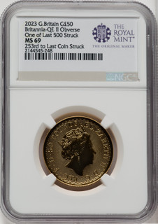 2023 G.B. G$50 BRITTANIA-QE II OBVERSE 253RD TO LAST COIN STRUCK Royal Succession NGC MS69