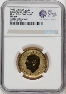 2023 G.B. G$50 BRITTANIA-KC III OBVERSE 138TH COIN STRUCK Royal Succession NGC MS69