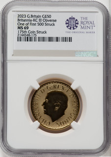 2023 G.B. G$50 BRITTANIA-KC III OBVERSE 175TH COIN STRUCK Royal Succession NGC MS69