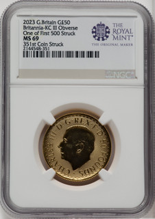 2023 G.B. G$50 BRITTANIA-KC III OBVERSE 351ST COIN STRUCK Royal Succession NGC MS69