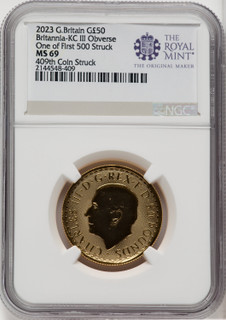 2023 G.B. G$50 BRITTANIA-KC III OBVERSE 409TH COIN STRUCK Royal Succession NGC MS69