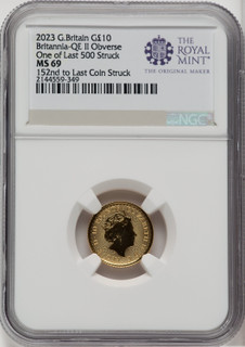 2023 G.B. G$10 BRITANNIA-QE II OBVERSE 152ND TO LAST COIN STRUCK Royal Succession NGC MS69