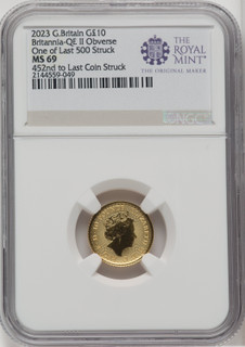 2023 G.B. G$10 BRITANNIA-QE II OBVERSE 452ND TO LAST COIN STRUCK Royal Succession NGC MS69