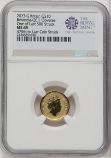 2023 G.B. G$10 BRITANNIA-QE II OBVERSE 475TH TO LAST COIN STRUCK Royal Succession NGC MS69