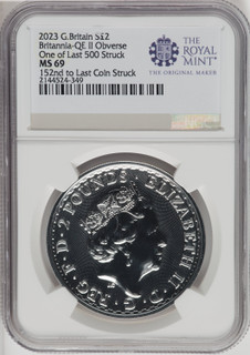 2023 G.B.S2 BITANNIA-QE II OBVERSE 152ND TO LAST COIN STRUCK Royal Succession NGC MS69