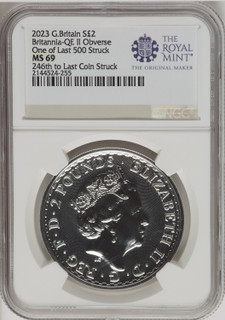 2023 G.B.S2 BITANNIA-QE II OBVERSE 246TH TO LAST COIN STRUCK Royal Succession NGC MS69