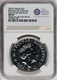 2023 G.B.S2 BITANNIA-QE II OBVERSE 303RD TO LAST COIN STRUCK. Royal Succession NGC MS69