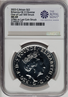 2023 G.B.S2 BITANNIA-QE II OBVERSE 378TH TO LAST COIN STRUCK. Royal Succession NGC MS69