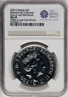 2023 G.B.S2 BITANNIA-QE II OBVERSE 390TH TO LAST COIN STRUCK. Royal Succession NGC MS69