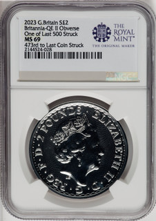 2023 G.B.S2 BITANNIA-QE II OBVERSE 473RD TO LAST COIN STRUCK. Royal Succession NGC MS69