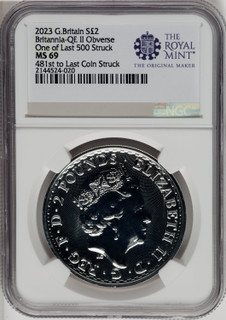 2023 G.B.S2 BITANNIA-QE II OBVERSE 481ST TO LAST COIN STRUCK. Royal Succession NGC MS69