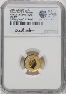 2023 G.B. G10 BRITANNIA-QE II OBVERSE 39TH TO LAST COIN STRUCK Royal Succession NGC MS69