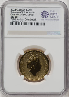 2023 G.B. G50 BRITANNIA QE II OBVERSE 248TH TO LAST COIN STRUCK Royal Succession NGC MS70