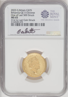 2023 G.B. G25 BRITANNIA-QE II OBVERSE 31ST TO LAST COIN STRUCK Royal Succession NGC MS65