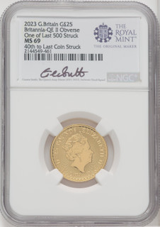 2023 G.B. G25 BRITANNIA-QE II OBVERSE 40TH TO LAST COIN STRUCK Royal Succession NGC MS69