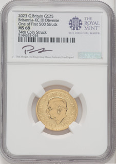 2023 G.B. G25 BRITANNIA-KC III OBVERSE 34TH COIN STRUCK Royal Succession NGC MS68