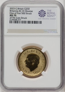 2023 G.B. G50 BRITANNIA KC III OBVERSE 377TH COIN STRUCK Royal Succession NGC MS70