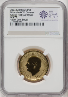 2023 G.B. G50 BRITANNIA KC III OBVERSE 447TH COIN STRUCK Royal Succession NGC MS70