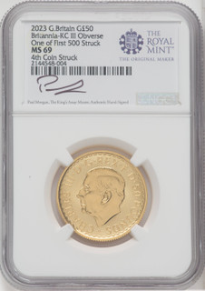 2023 G.B. G50 BRITANNIA-KC III OBVERSE 4TH COIN STRUCK Royal Succession NGC MS69