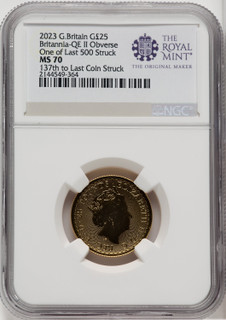 2023 G.B. G25 BRITANNIA QE II OBVERSE 137TH TO LAST COIN STRUCK Royal Succession NGC MS70