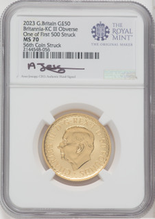 2023 G.B. G50 BRITANNIA-KC III OBVERSE 56TH COIN STRUCK Royal Succession NGC MS70