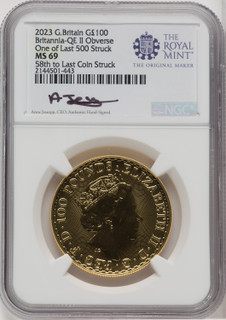 2023 G.B. G100 BRITANNIA-QE II OBVERSE 58TH TO LAST COIN STRUC Royal Succession NGC MS69