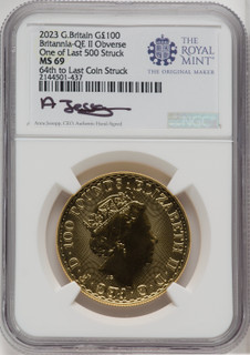 2023 G.B. G100 BRITANNIA-QE II OBVERSE 64TH TO LAST COIN STRUCK Royal Succession NGC MS69