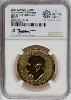 2023 G.B. G100 BRITANNIA-KC III OBVERSE 64TH COIN STRUCK Royal Succession NGC MS70