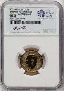 2023 G.B. G25 BRITANNIA-KC III OBVERSE 35TH COIN STRUCK Royal Succession NGC MS69