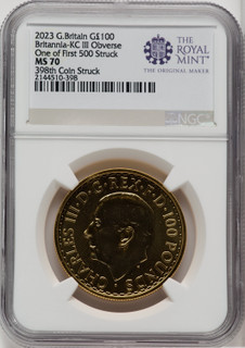 2023 G.B. G100 BRITANNIA-KC III OBVERSE 398TH COIN STRUCK. Royal Succession NGC MS70