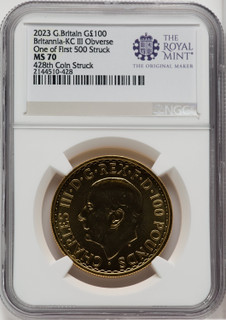 2023 G.B. G100 BRITANNIA-KC III OBVERSE 428TH COIN STRUCK. Royal Succession NGC MS70