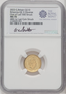 2023 G.B. G10 BRITANNIA-QE II OBVERSE 48TH TO LAST COIN STRUCK. Royal Succession NGC MS70