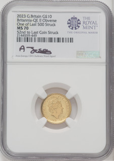 2023 G.B. G10 BRITANNIA-QE II OBVERSE 52ND TO LAST COIN STRUCK. Royal Succession NGC MS70