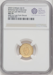 2023 G.B. G10 BRITANNIA-QE II OBVERSE 64TH TO LAST COIN STRUCK. Royal Succession NGC MS70