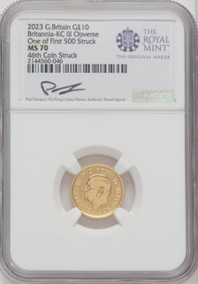 2023 G.B. G10 BRITANNIA-KC III OBVERSE 46TH COIN STRUCK. Royal Succession NGC MS70