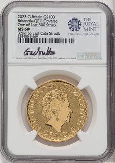 2023 G.B. G100 BRITANNIA-KC III OBVERSE 32ND TO LAST COIN STRUC. Royal Succession NGC MS69