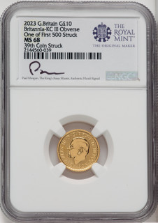 2023 G.B. G10 BRITANNIA-KC III OBVERSE 39TH COIN STRUCK Royal Succession NGC MS68