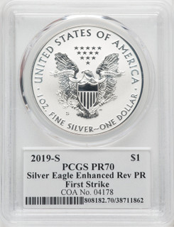 2019-S S$1 Silver Eagle Enhanced Reverse Proof FS Mercanti Flag PCGS PR70