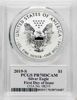 2019-S S$1 Silver Eagle First Day of Issue Thomas Cleveland Art Deco PCGS PR70