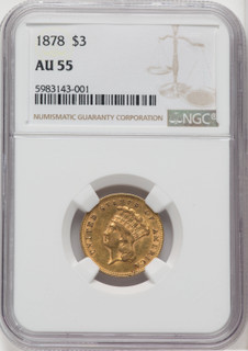 1878 $3 Three Dollar Gold Pieces NGC AU55