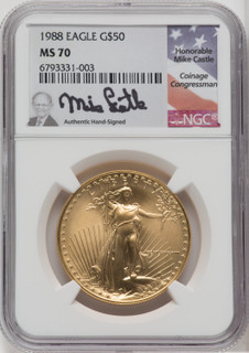 1988 $50 One-Ounce Gold Eagle Mike Castle Signature NGC MS70